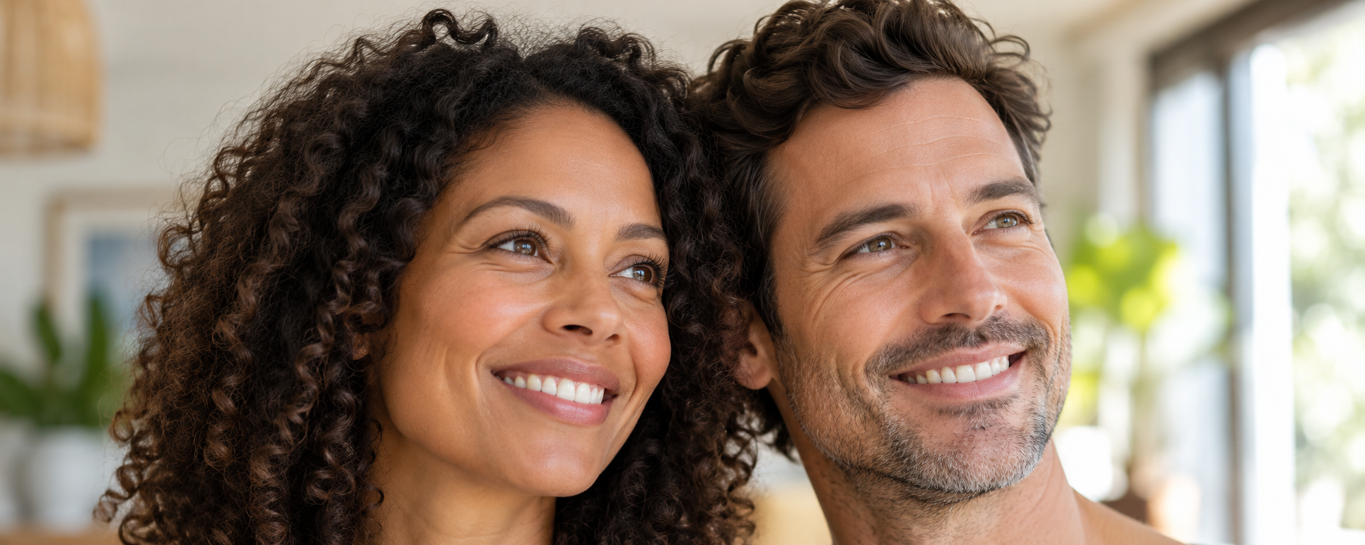 Un couple souriant, le regard tourné vers l’avenir